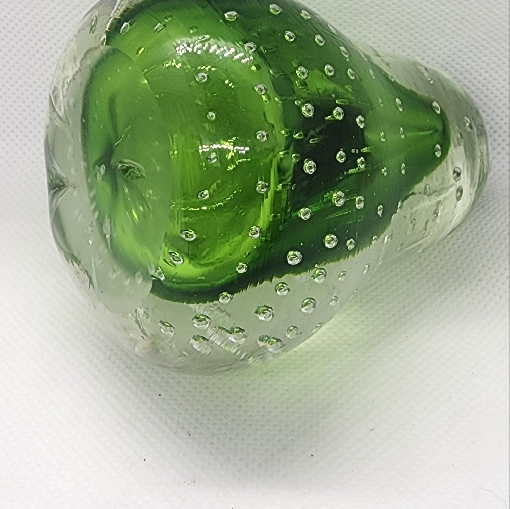 Glass Paperweight Pear Shape Green & Clear Glass with Air Bubbles - Picture 5 of 10